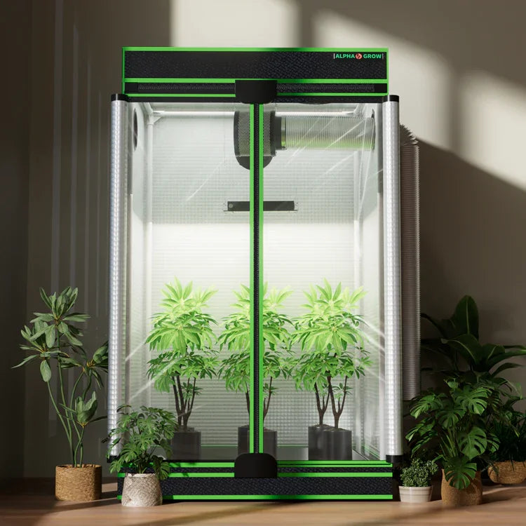 MIMEO indoor grow tent with LED lights and healthy plants, ideal for hydroponics and stealth growing setups