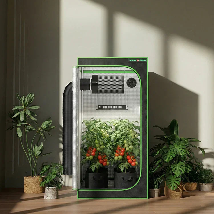 MIMEO indoor grow tent with LED light, inline fan, and thriving tomato plants for stealth hydroponics