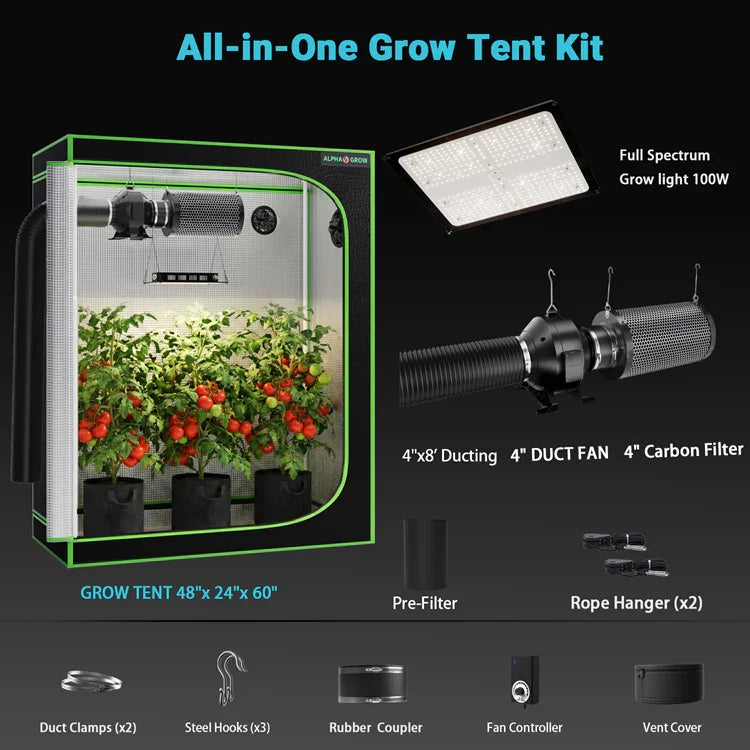MIMEO All-in-One Grow Tent Kit with 100W LED Light, 4" Duct Fan & Carbon Filter for Indoor Hydroponics