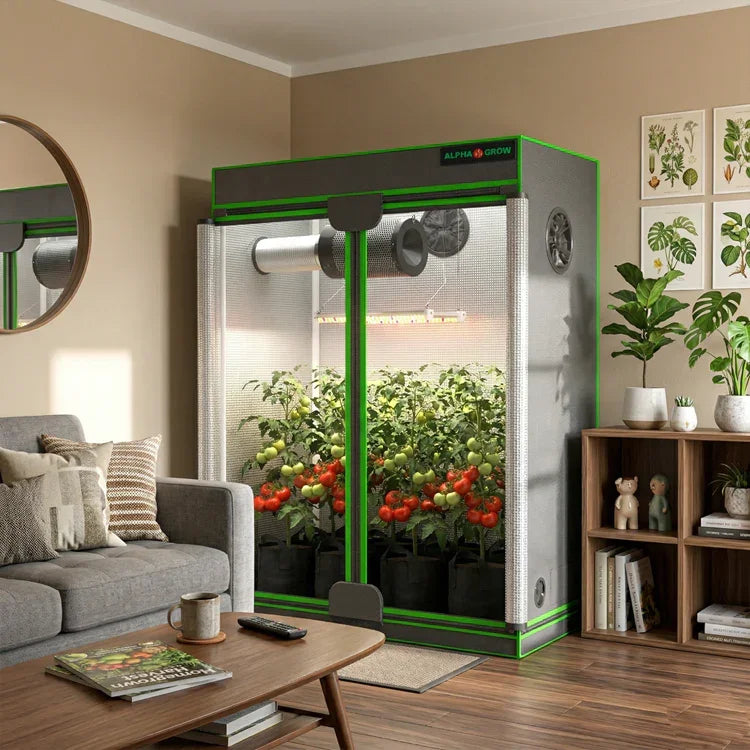 MIMEO indoor grow tent with LED light, growing tomatoes in living room, stealth hydroponics setup