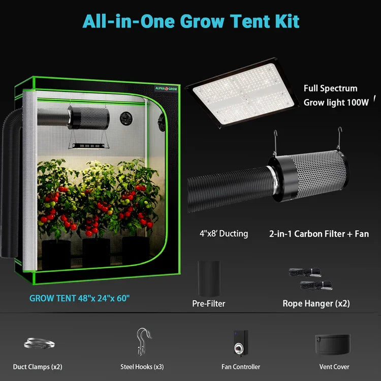 MIMEO All-in-One Grow Tent Kit with LED Grow Light, Carbon Filter & Fan for Indoor Hydroponics