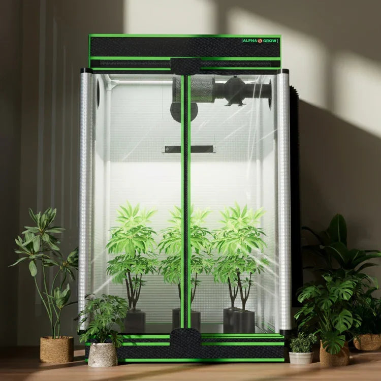 MIMEO indoor grow tent with LED lights and plants, featuring stealth hydroponics setup for home cultivation