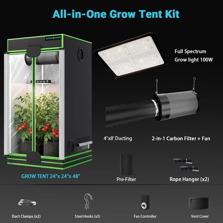 MIMEO All-in-One Grow Tent Kit with LED Light, Carbon Filter & Ducting for Indoor Hydroponics