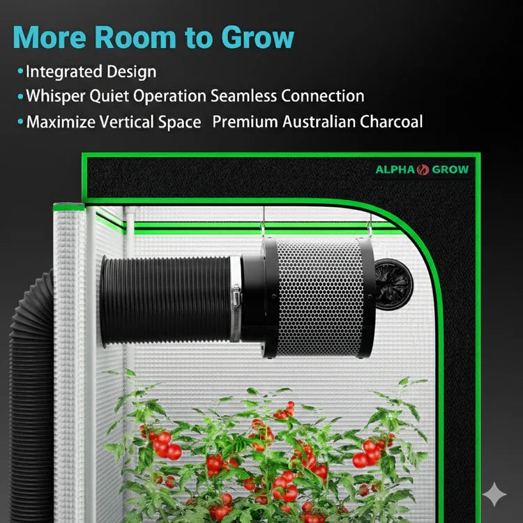 MIMEO indoor grow tent with carbon filter and thriving tomato plants, ideal for stealth hydroponics setups