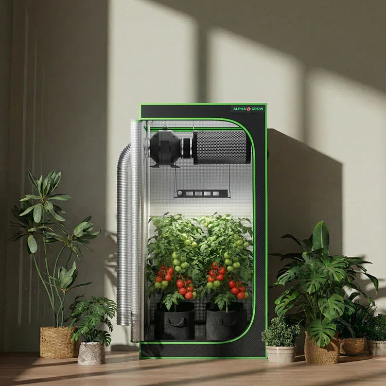 MIMEO indoor grow tent with LED light, inline fan, carbon filter, and thriving tomato plants for stealth hydroponics.
