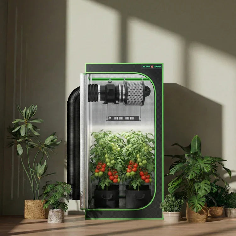 MIMEO indoor grow tent with LED light, inline fan, and thriving tomato plants for stealth hydroponics