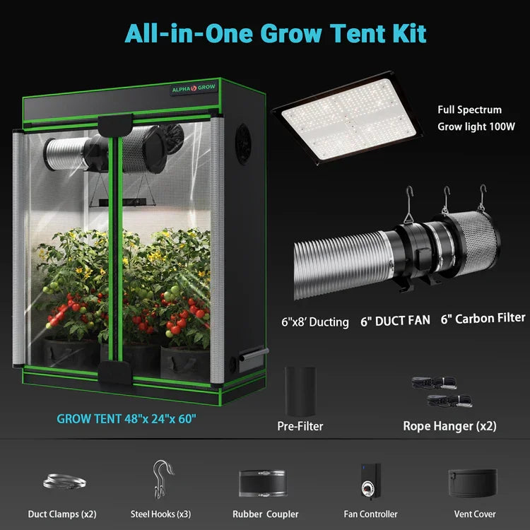 MIMEO All-in-One Grow Tent Kit with LED Grow Light, Carbon Filter & Duct Fan for Indoor Hydroponics