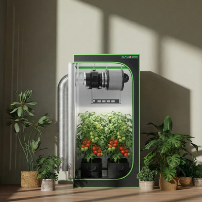 MIMEO indoor grow tent with LED light, inline fan, carbon filter, and thriving tomato plants for stealth hydroponics.