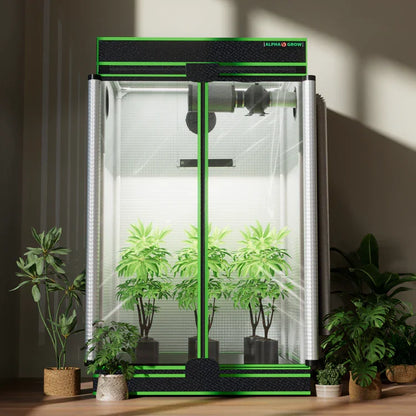 MIMEO indoor grow tent with LED lights and plants, featuring stealth hydroponics setup for home gardening.