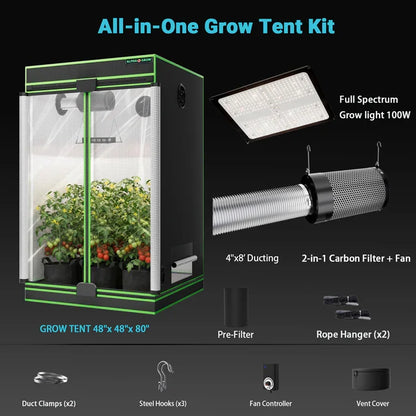 MIMEO All-in-One Grow Tent Kit with LED Grow Light, Carbon Filter & Inline Fan for Indoor Hydroponics