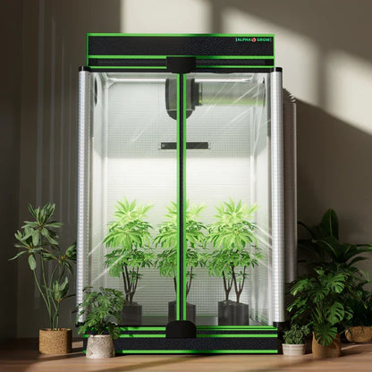 MIMEO indoor grow tent with LED lights and hydroponic plants, stealth growing setup