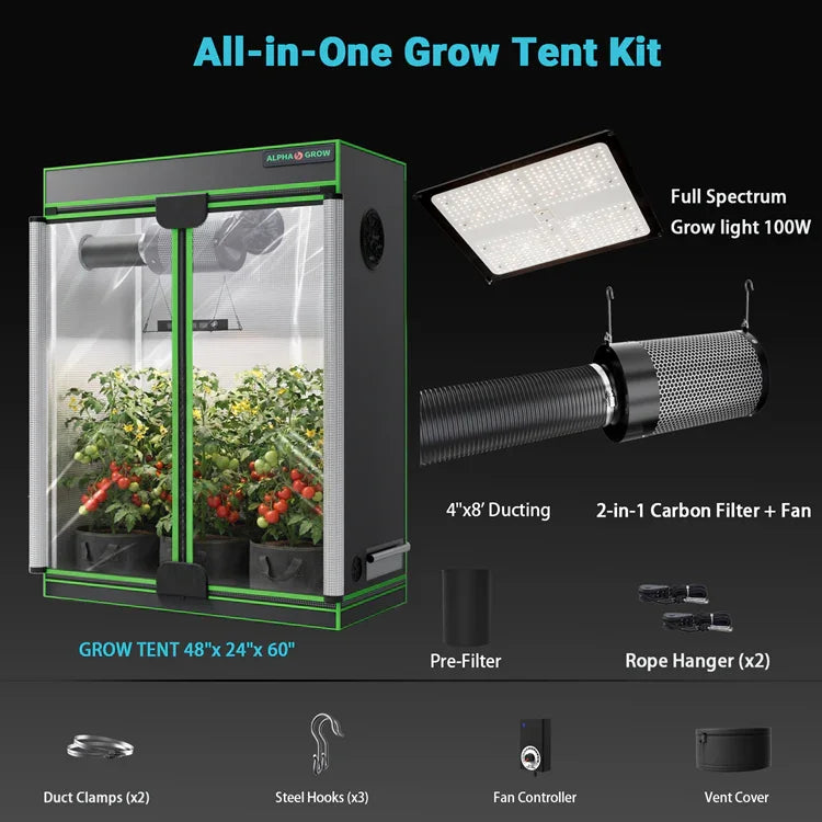 MIMEO All-in-One Grow Tent Kit with LED Grow Light, Carbon Filter & Fan for Indoor Hydroponics