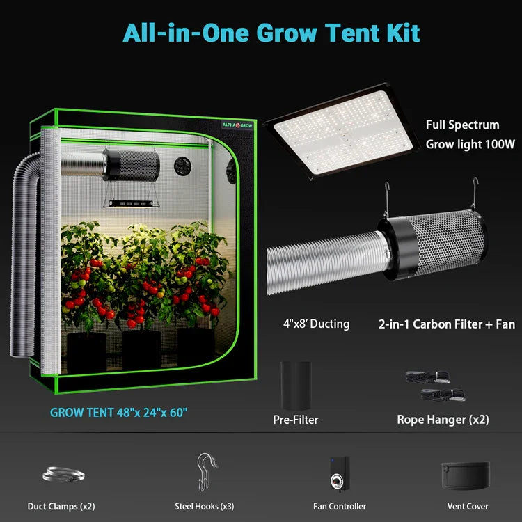 MIMEO All-in-One Grow Tent Kit with LED Grow Light, Carbon Filter & Ducting for Indoor Hydroponics