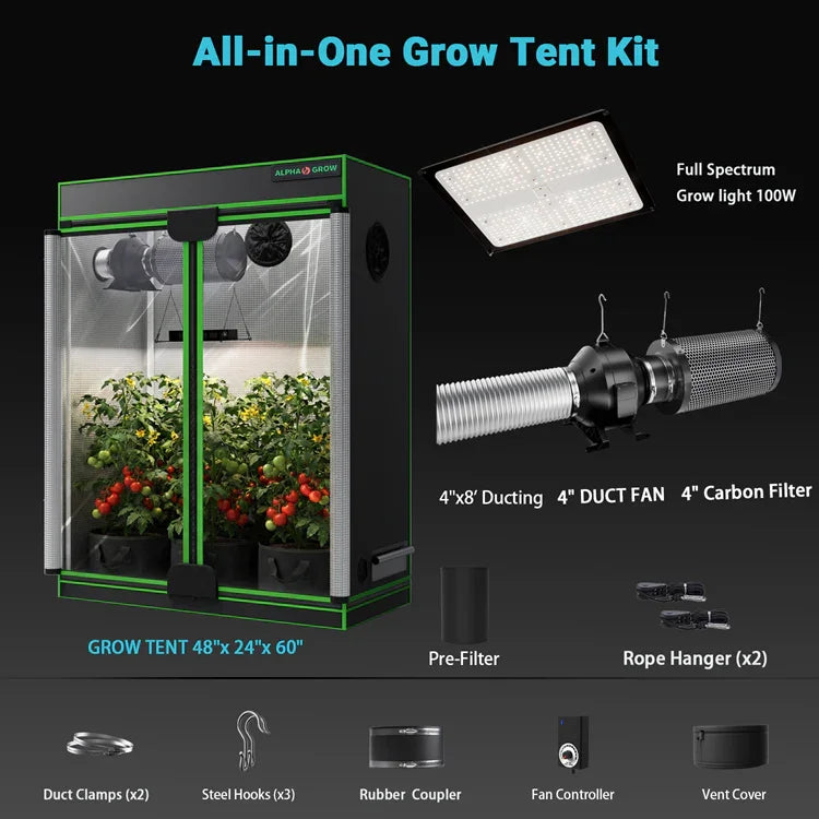 MIMEO All-in-One Grow Tent Kit with LED Grow Light, Carbon Filter & Duct Fan for Indoor Hydroponics