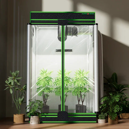 MIMEO indoor grow tent with LED lights, plants, and stealth hydroponic setup for home gardening