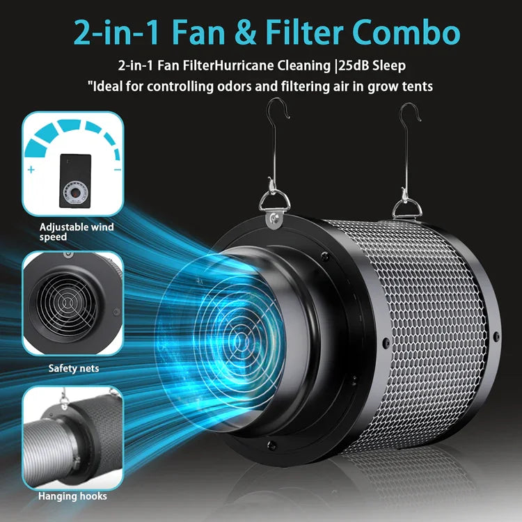 MIMEO 2-in-1 Fan & Filter Combo for grow tents — quiet, adjustable airflow with safety nets and hanging hooks