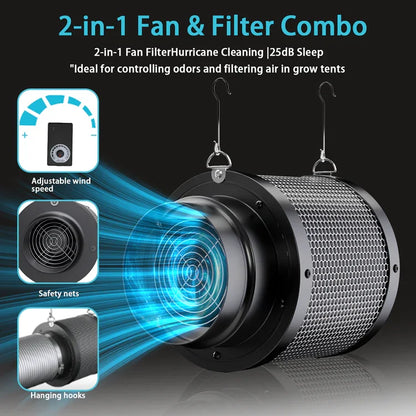 MIMEO 2-in-1 Fan & Filter Combo for grow tents — quiet, adjustable airflow with safety nets and hanging hooks