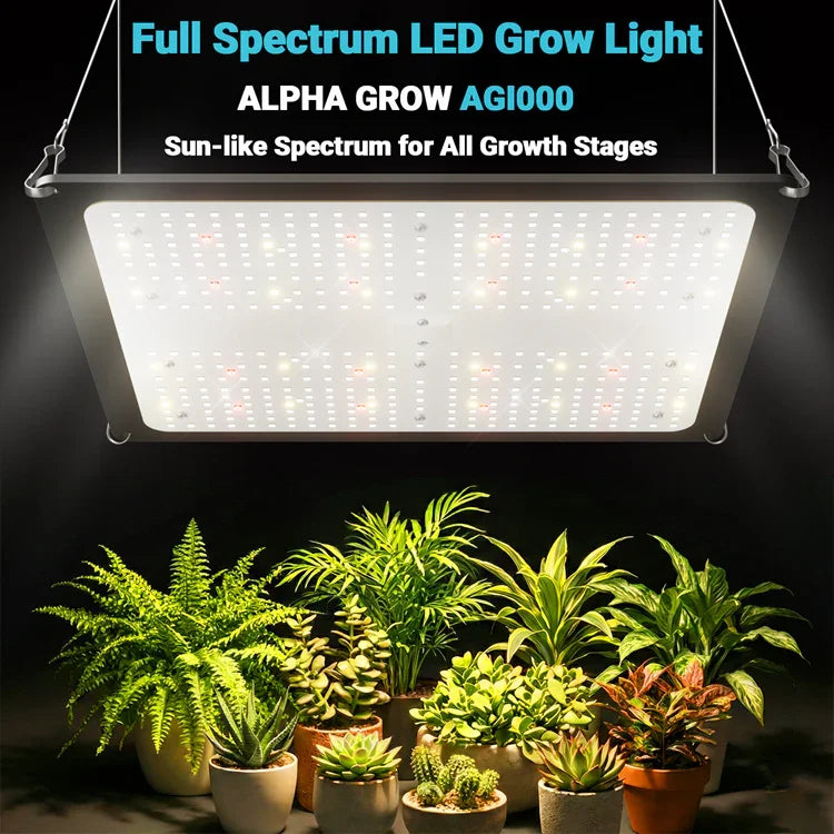 MIMEO Full Spectrum LED Grow Light AGI1000 illuminating indoor plants in a stealth grow setup