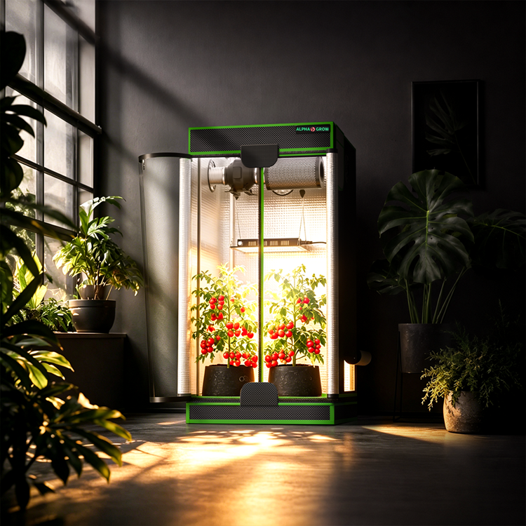 MIMEO indoor grow tent with LED lights and thriving tomato plants, ideal for stealth hydroponics setups.