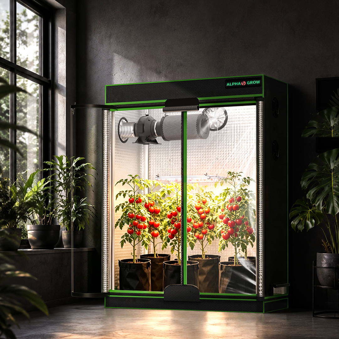 MIMEO indoor grow tent with LED lights, inline fan, and thriving tomato plants in a stealth hydroponic setup.