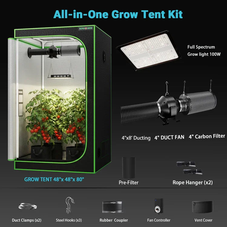 MIMEO All-in-One Grow Tent Kit with LED Grow Light, Carbon Filter & Duct Fan for Indoor Hydroponics
