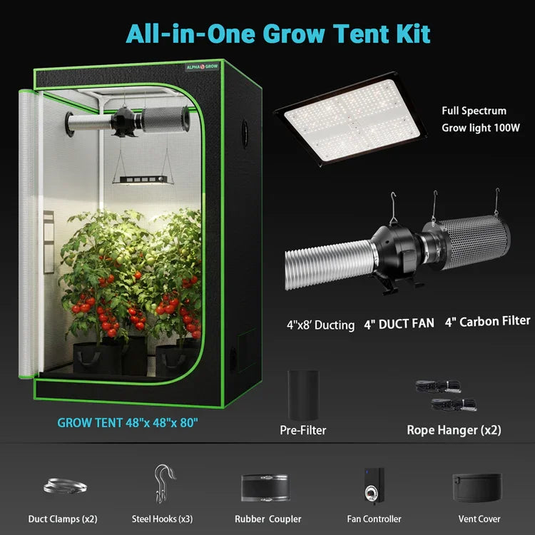 MIMEO All-in-One Grow Tent Kit with 100W LED Light, 4" Fan & Carbon Filter for Indoor Hydroponics