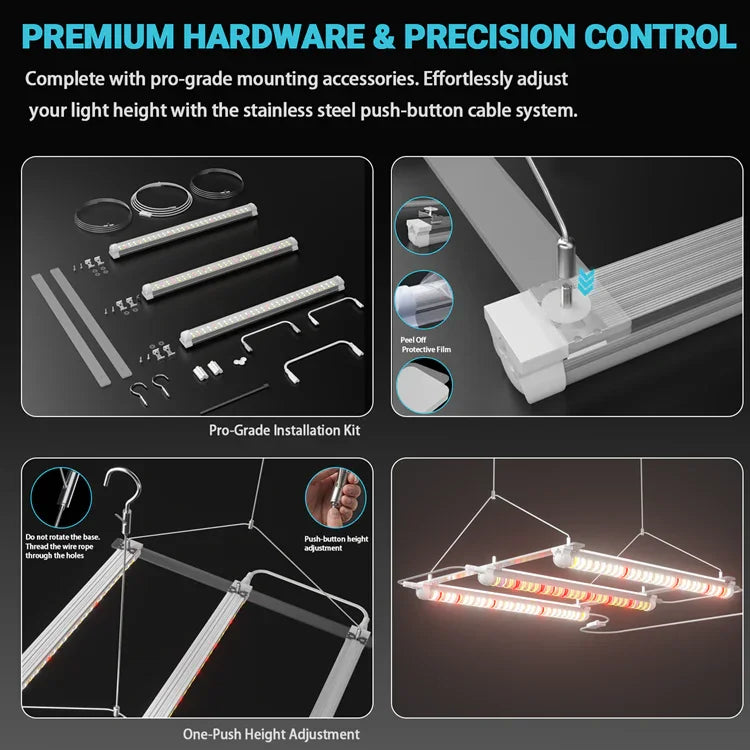 MIMEO LED Grow Light with pro-grade installation kit and one-push height adjustment for indoor hydroponics