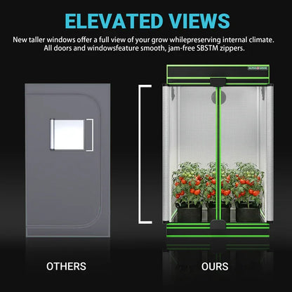 MIMEO Grow Tent with elevated windows, LED grow light, and thriving tomato plants for stealth indoor hydroponics