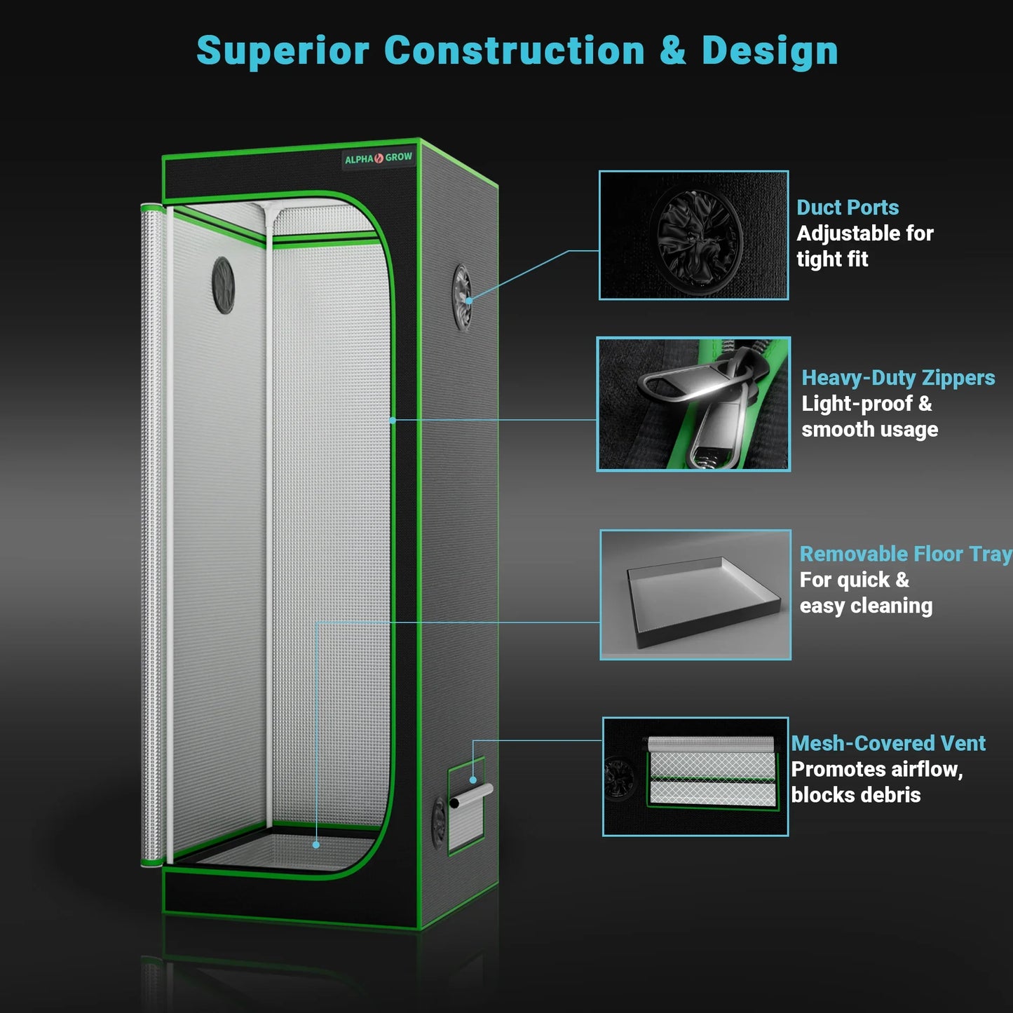 MIMEO Grow Tent with duct ports, heavy-duty zippers, removable tray & mesh vent for indoor hydroponics