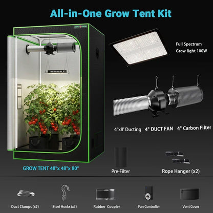 MIMEO All-in-One Grow Tent Kit with 100W LED Light, 4" Fan & Carbon Filter for Indoor Hydroponics