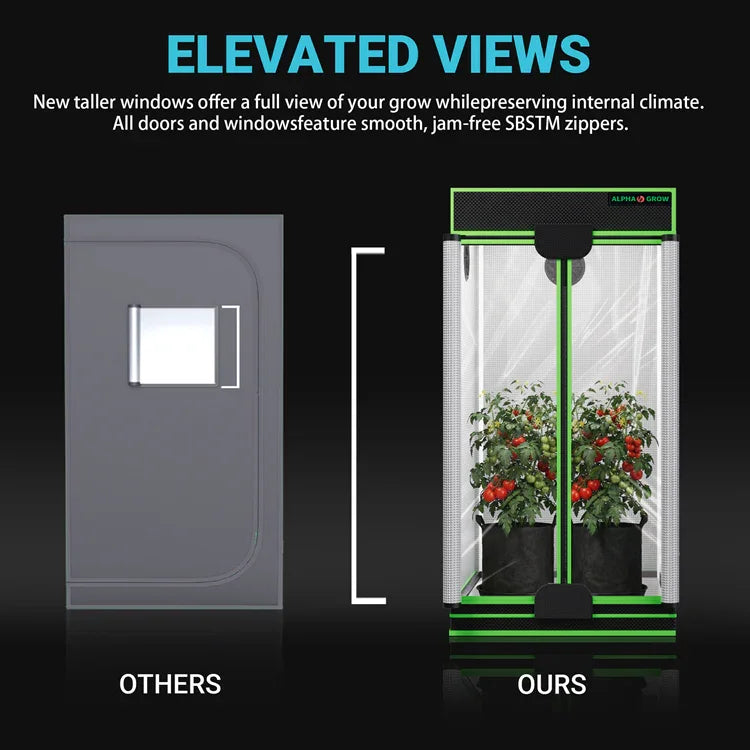 MIMEO Grow Tent with elevated view windows, LED-ready, for indoor hydroponics and stealth growing