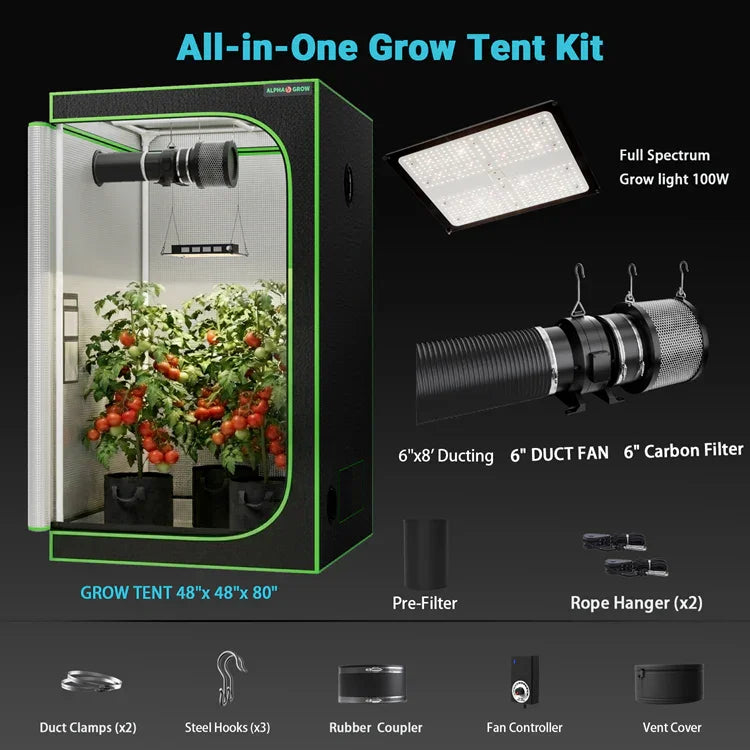 MIMEO All-in-One Grow Tent Kit with LED Grow Light, Carbon Filter & Duct Fan for Indoor Hydroponics