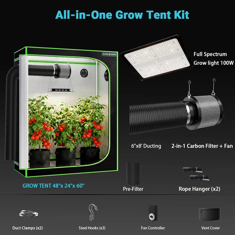 MIMEO All-in-One Grow Tent Kit with LED Grow Light, Carbon Filter & Fan for Indoor Hydroponics