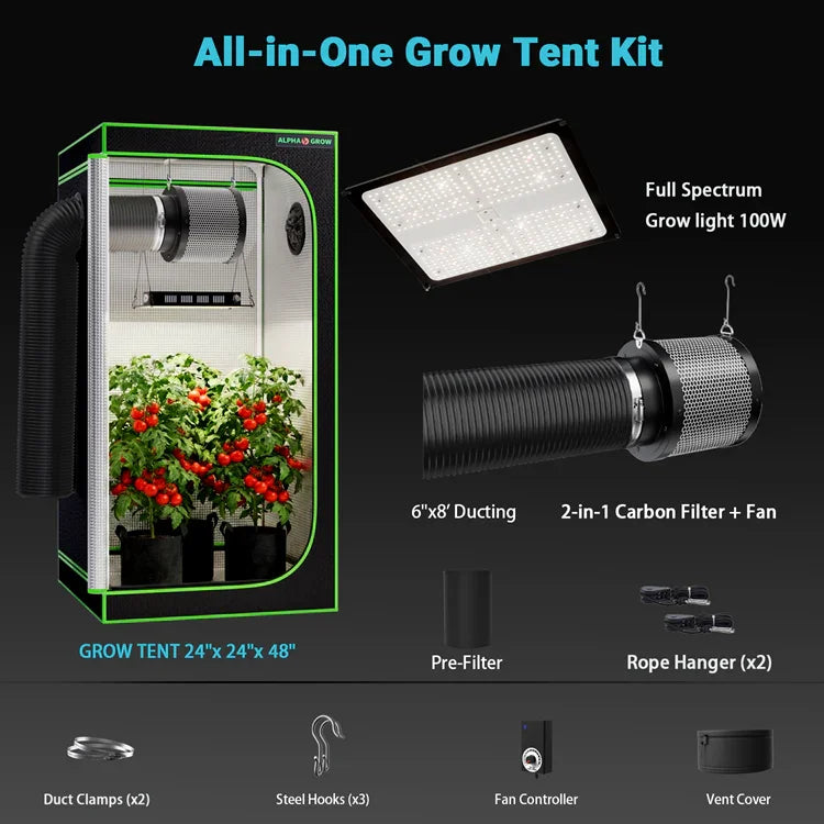 MIMEO All-in-One Grow Tent Kit with LED Grow Light, Carbon Filter & Ducting for Indoor Hydroponics