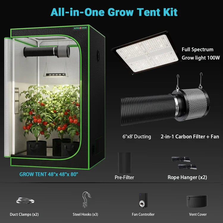 MIMEO All-in-One Grow Tent Kit with LED Grow Light, Carbon Filter & Fan for Indoor Hydroponics
