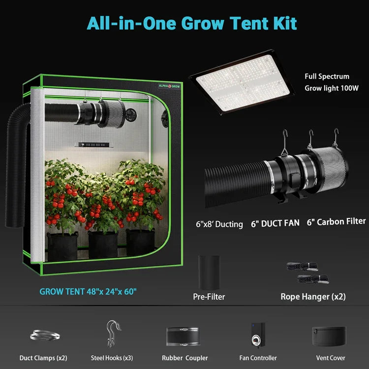 MIMEO All-in-One Grow Tent Kit with LED Grow Light, Carbon Filter & Duct Fan for Indoor Hydroponics