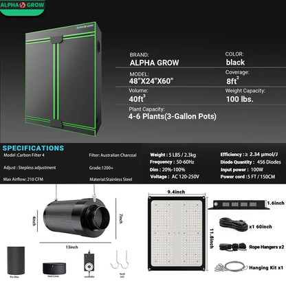 MIMEO Stealth Grow Tent Kit with LED Light & Carbon Filter for Indoor Hydroponics
