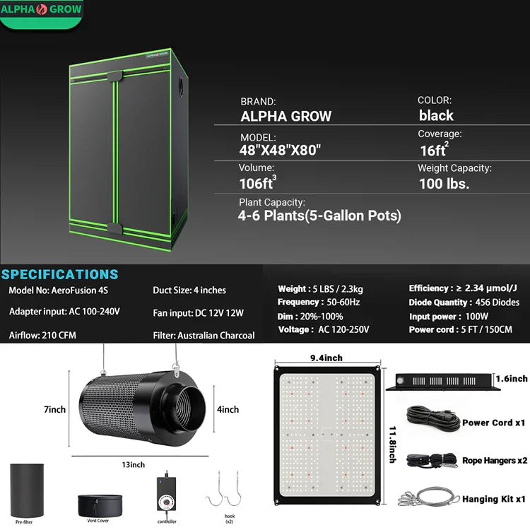 MIMEO Stealth Grow Tent Kit with LED Light & Inline Fan for Indoor Hydroponics