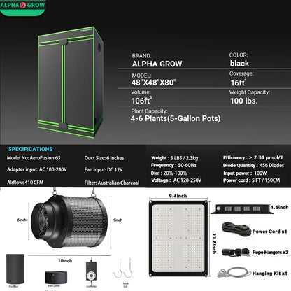 MIMEO indoor grow tent with LED light, inline fan & carbon filter – stealth hydroponics turnkey kit