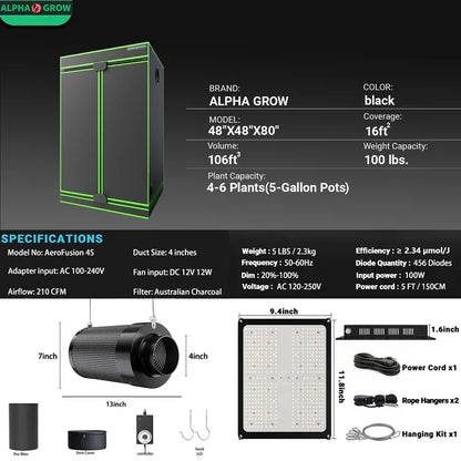 MIMEO Stealth Grow Tent Kit with LED Light & Inline Fan for Indoor Hydroponics