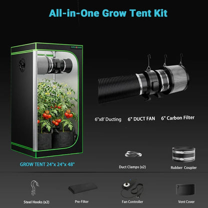 MIMEO All-in-One Grow Tent Kit with LED Light, 6" Duct Fan & Carbon Filter for Indoor Hydroponics