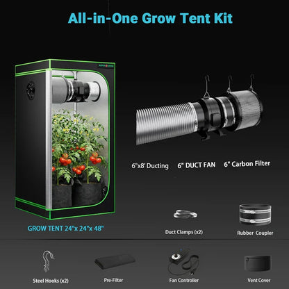 MIMEO All-in-One Grow Tent Kit with LED Light, 6" Duct Fan & Carbon Filter for Indoor Hydroponics
