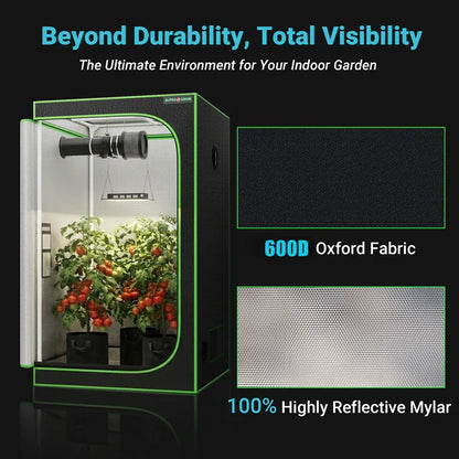 MIMEO Grow Tent with LED Grow Light & Inline Fan for Indoor Hydroponics – 600D Oxford Fabric, Reflective Mylar