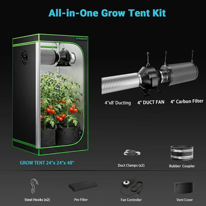 MIMEO All-in-One Grow Tent Kit with LED Light, 4" Duct Fan & Carbon Filter for Indoor Hydroponics