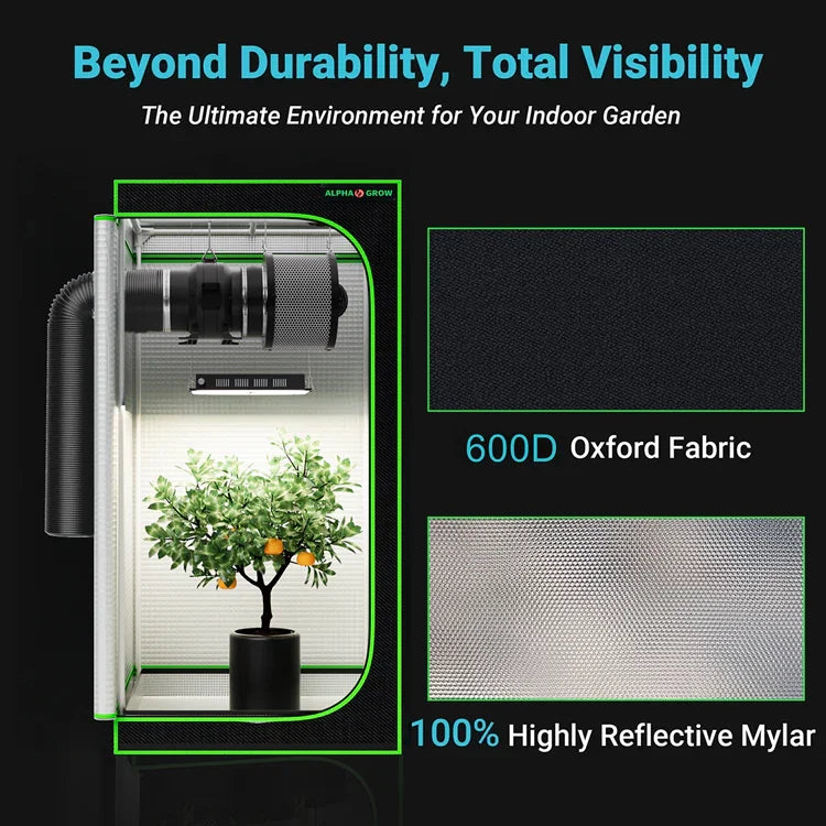 MIMEO Grow Tent with LED Light & Carbon Filter – 600D Oxford Fabric, Reflective Mylar for Indoor Hydroponics