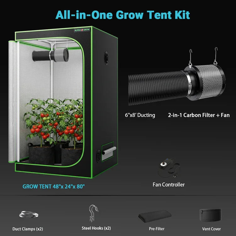 MIMEO All-in-One Grow Tent Kit with LED Light, Carbon Filter & Fan for Indoor Hydroponics
