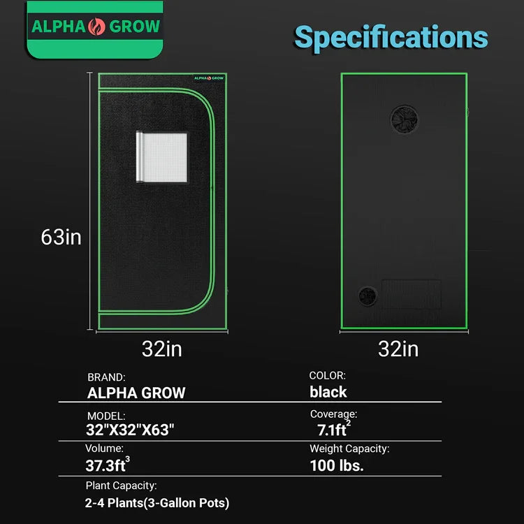 ALPHA GROW 32x32x63in Grow Tent for Indoor Hydroponics, Stealth Setup, 2-4 Plants, Black