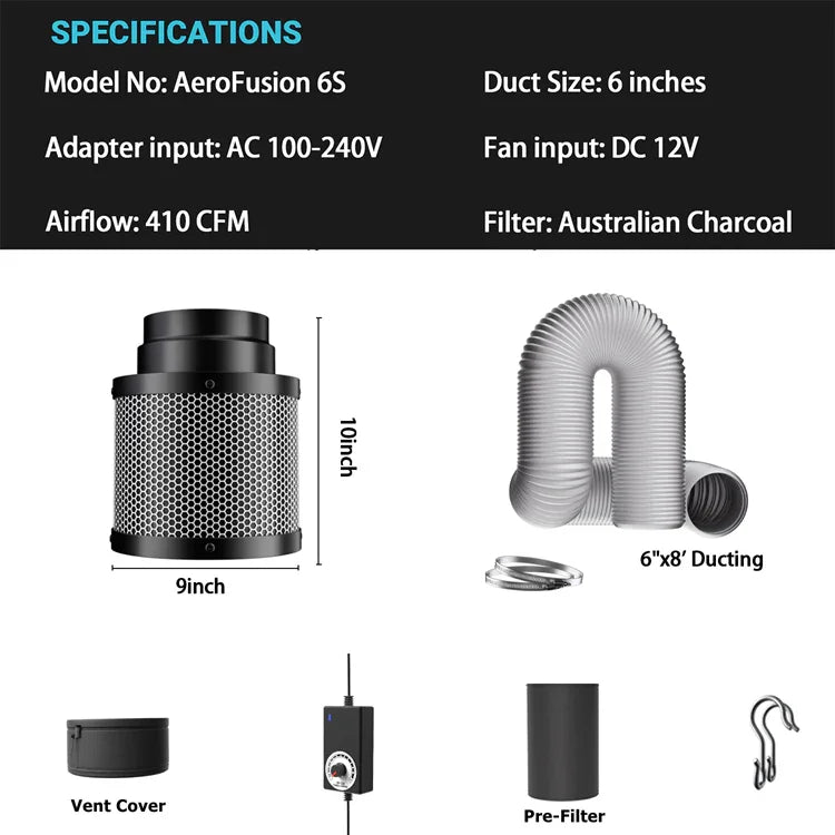 MIMEO AeroFusion 6S carbon filter with 6" ducting, inline fan, and pre-filter for stealth indoor hydroponics grow tents