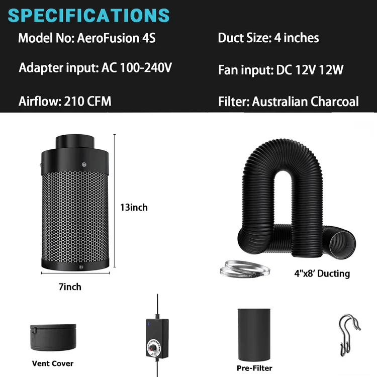 MIMEO AeroFusion 4S carbon filter with 4" ducting, inline fan & pre-filter for stealth indoor hydroponics grow tents