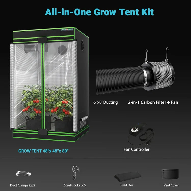 MIMEO All-in-One Grow Tent Kit with LED Light, Carbon Filter & Fan for Indoor Hydroponics